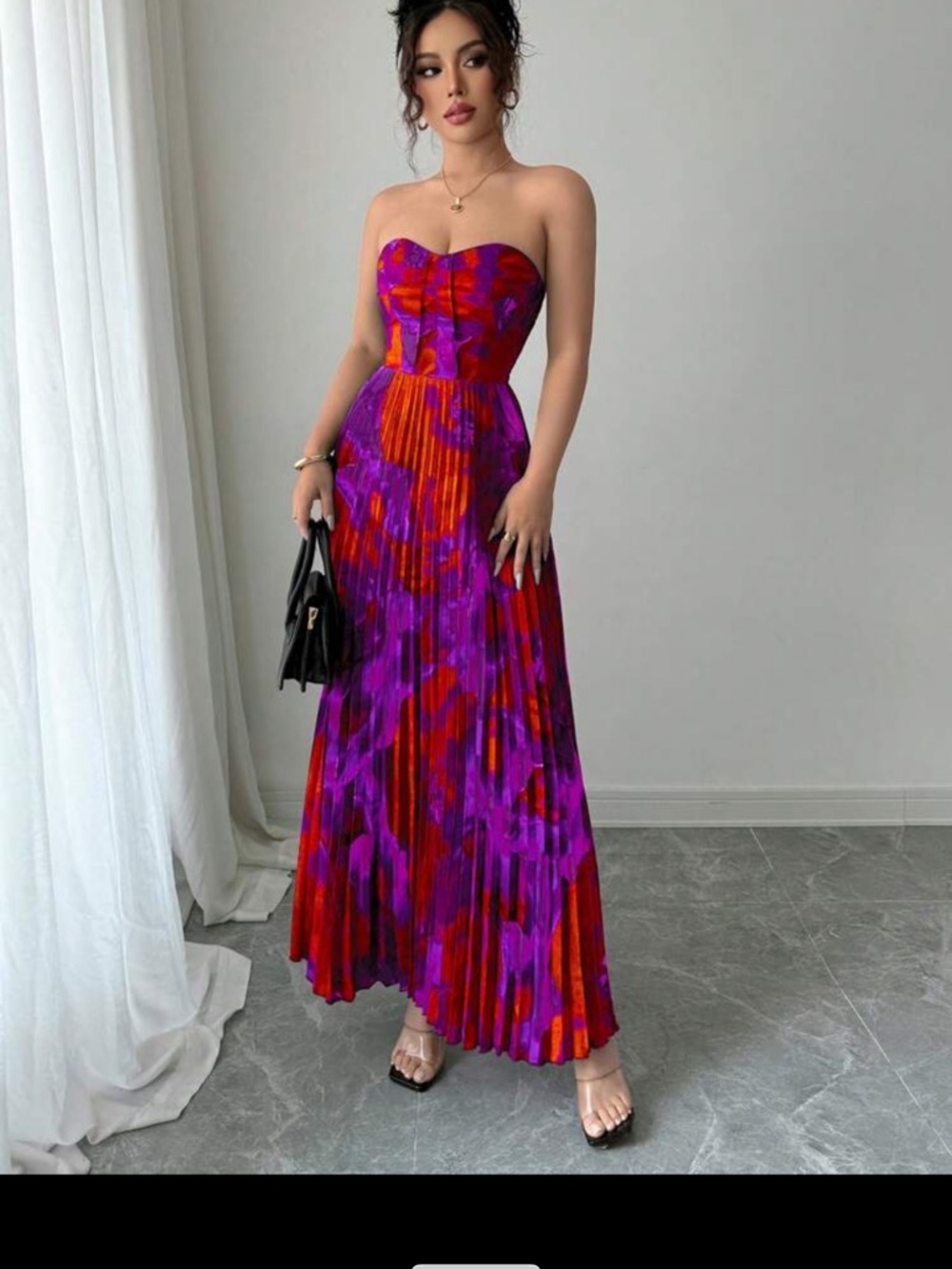 Strapless Pleated Maxi Dress in Red and Purple